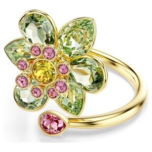 Swarovski Idyllia open ring - Mixed cuts, Flower, Green, Gold-tone plated